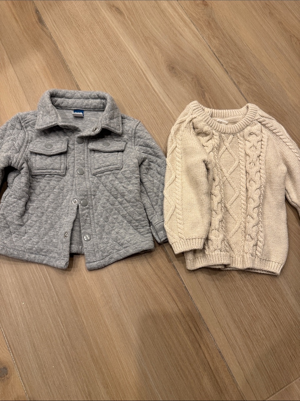 Gray Quilted Jacket & Cream Cable Knit Sweater Set